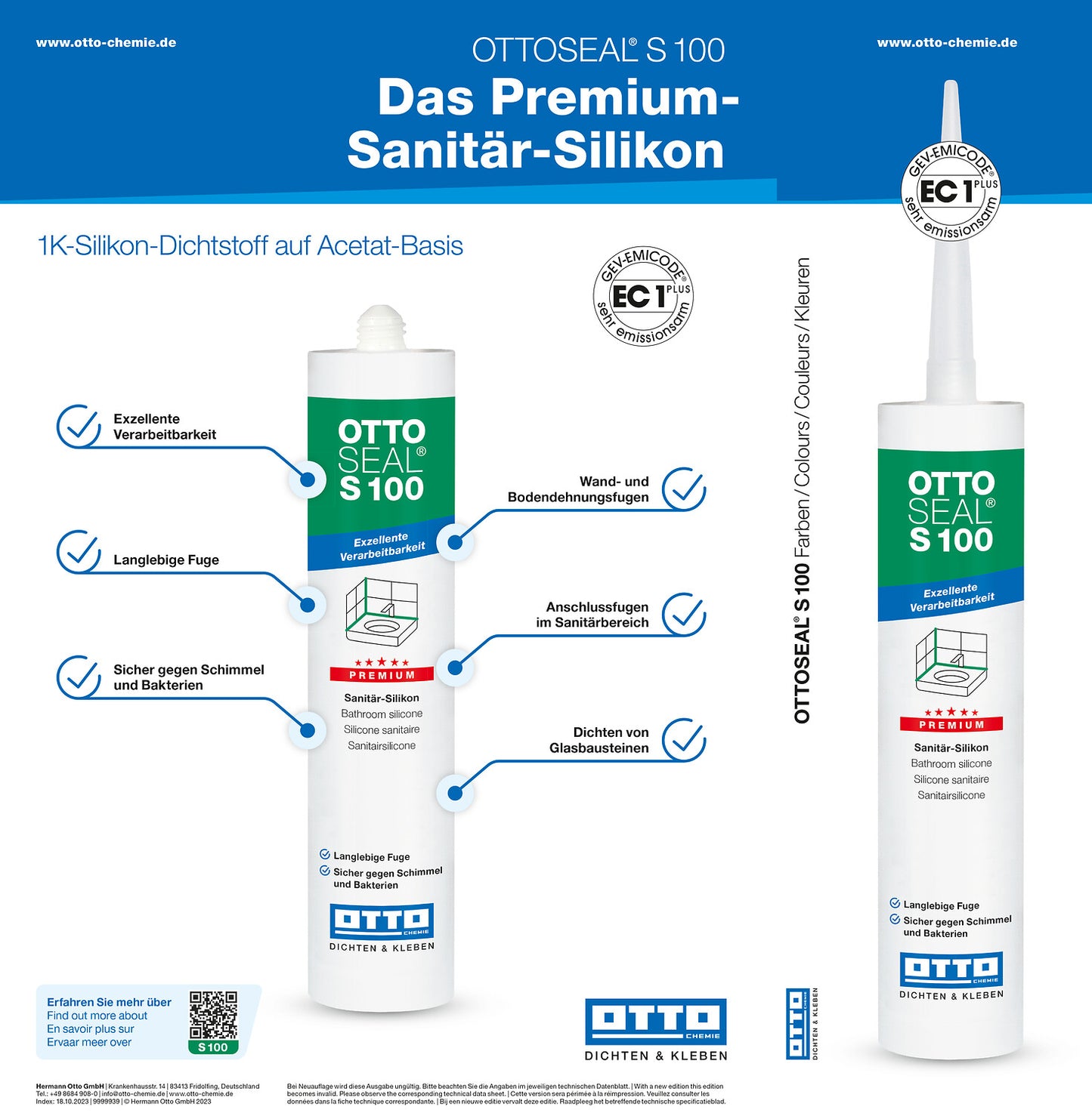 OTTOSEAL S 100 Premium-Sanitär-Silikon – für Bad- und Nassraumfugen, leicht zu glätten, schimmelhemmend und UV-beständig, online kaufen bei Fugentech