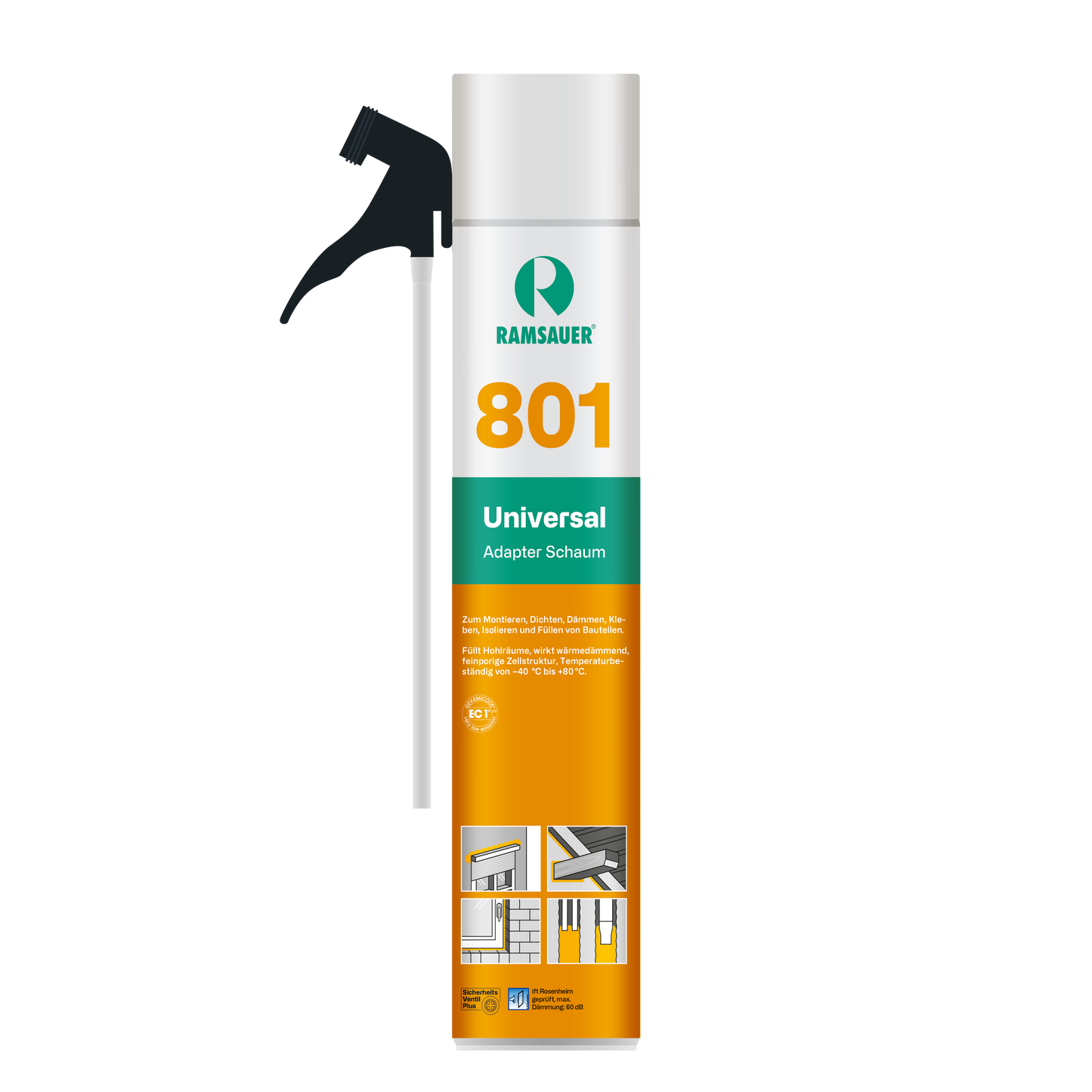 Die hervorragende Haftung auf vielen Materialien und ausgezeichnete Dämmwerte machen unseren 801 Universal Adapter Schaum zum Allrounder, wenn es um das Isolieren und Füllen von Fugen und Hohlräumen geht. Die anwenderfreundliche Dose mit Röhrchen ermöglicht ein sauberes und kontrolliertes Arbeiten. Der einkomponentige PU-Schaum zeichnet sich durch die überwiegend geschlossenzellige Beschaffenheit aus und härtet durch die Luftfeuchtigkeit aus. Nach dem Aushärten ist er halbhart, verrottungsfest, feuchtigkeit