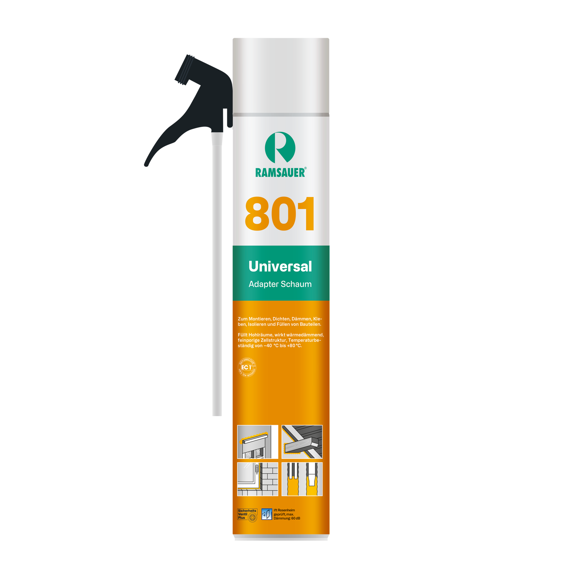 Die hervorragende Haftung auf vielen Materialien und ausgezeichnete Dämmwerte machen unseren 801 Universal Adapter Schaum zum Allrounder, wenn es um das Isolieren und Füllen von Fugen und Hohlräumen geht. Die anwenderfreundliche Dose mit Röhrchen ermöglicht ein sauberes und kontrolliertes Arbeiten. Der einkomponentige PU-Schaum zeichnet sich durch die überwiegend geschlossenzellige Beschaffenheit aus und härtet durch die Luftfeuchtigkeit aus. Nach dem Aushärten ist er halbhart, verrottungsfest, feuchtigkeit
